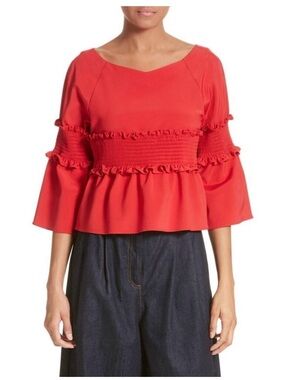 New Tibi Sz XS Red Ruffle Smocked Peplum Top w 3/4 Sleeves